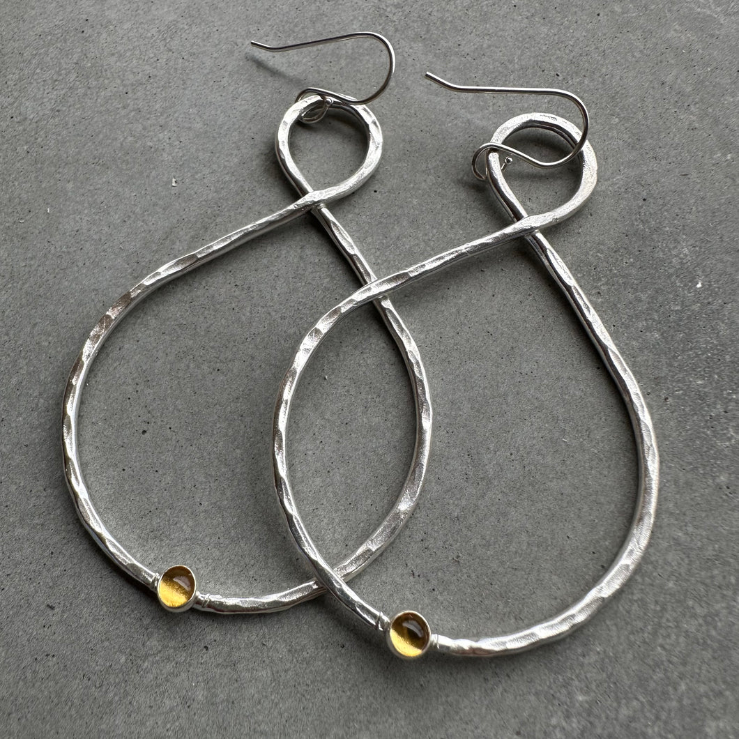 Large Tear Loop Silver Hammered Earrings - Citrine