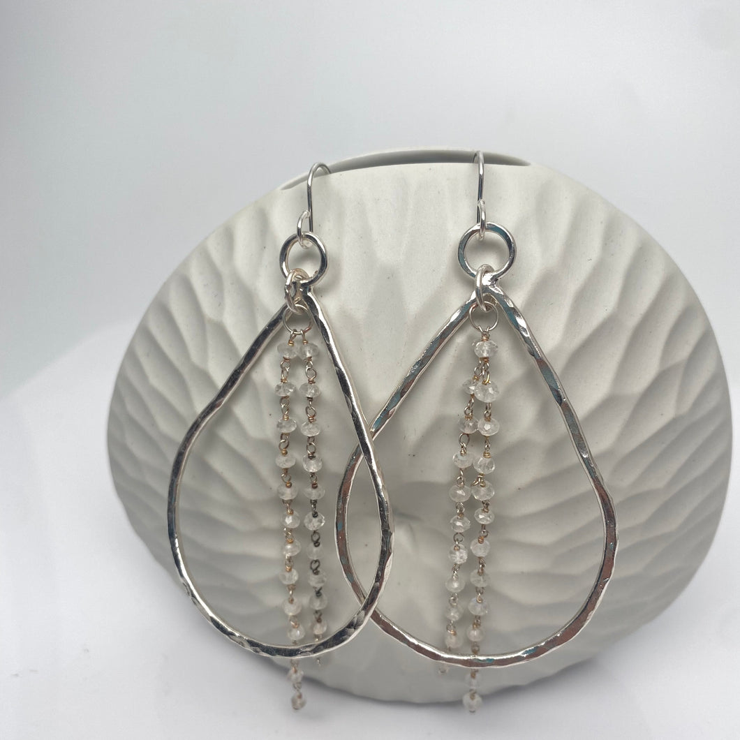 Small Teardrop Silver Hammered Earrings - Moonstone