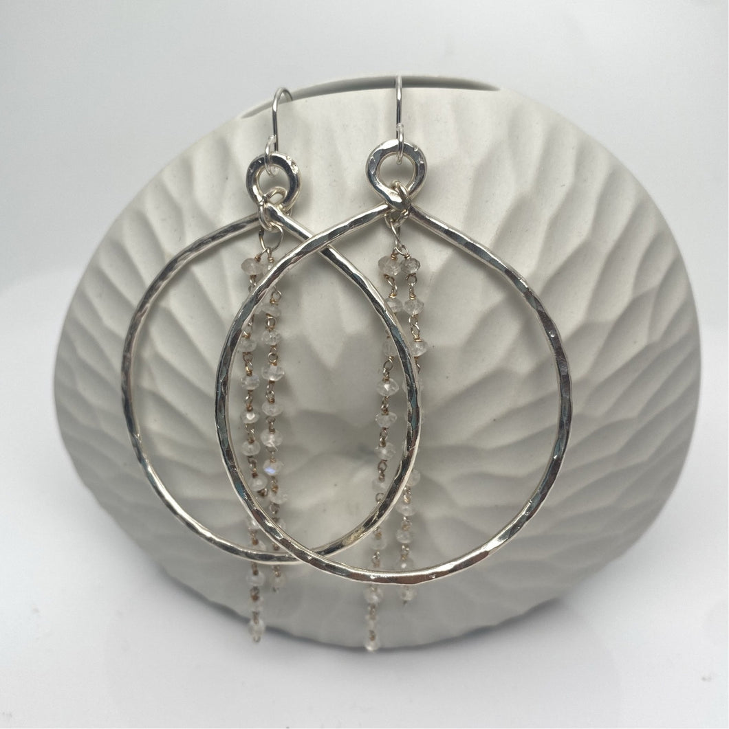 Hammered Silver Circle Rosary Earrings - Moonstone